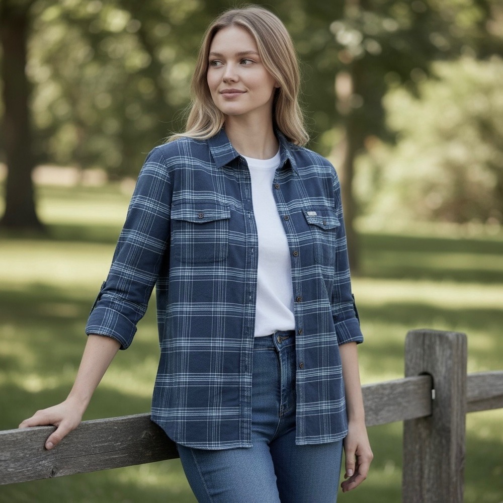 Ariat Rebar Women's Navy Blue Plaid DuraStretch Work Shirt Sz XL Long Sleeve NWT